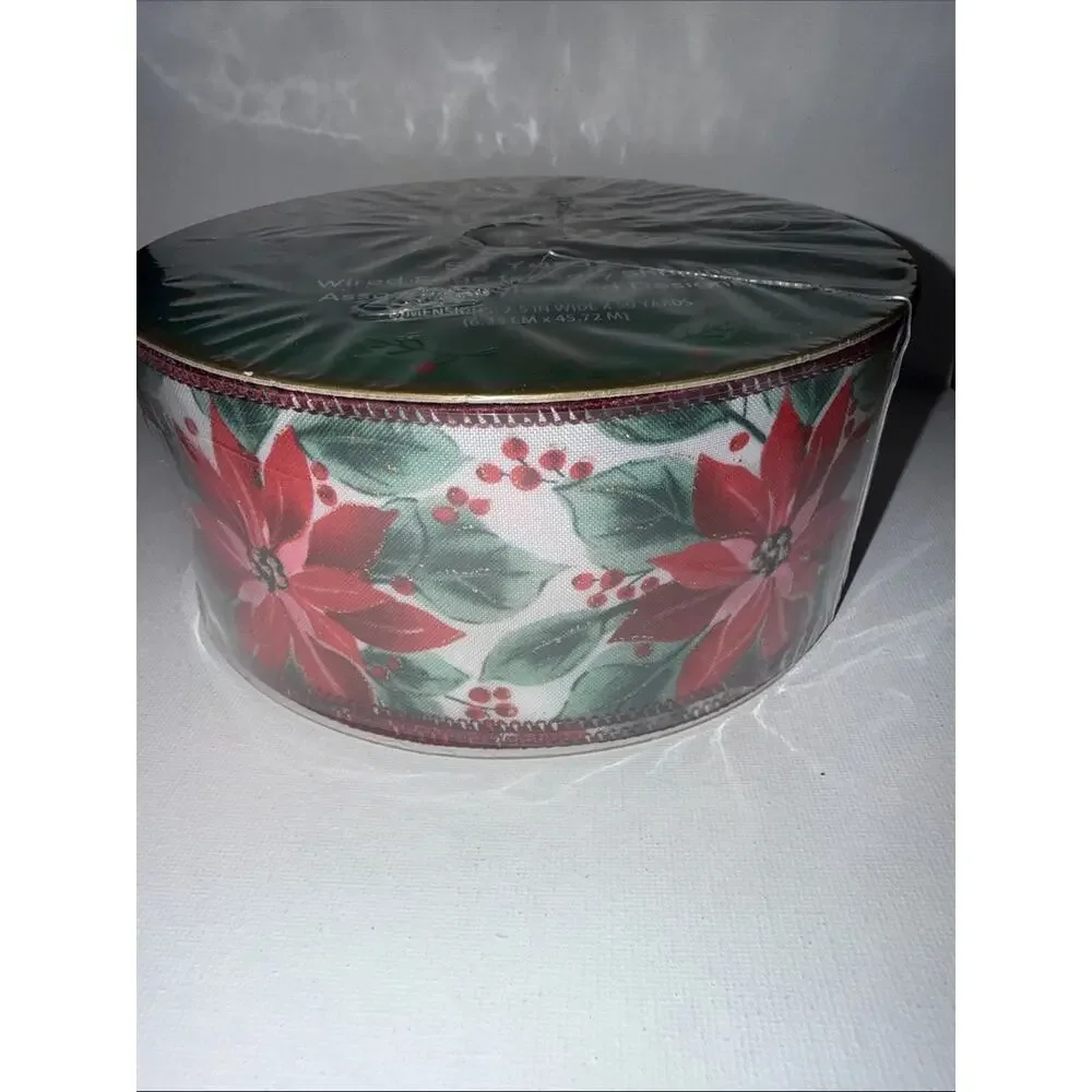 Holiday Poinsettia Wired-Edge Ribbon - Red and Green